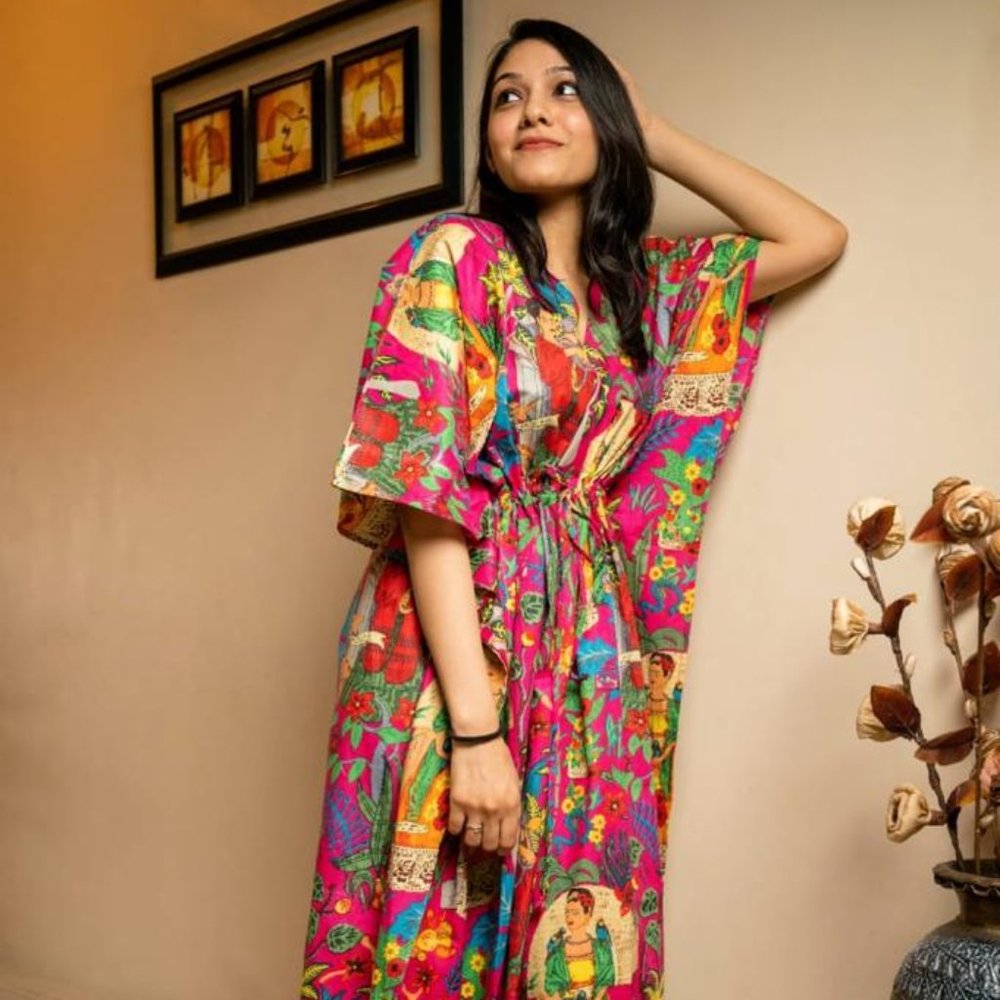 BRAND NEW Cotton Long Kaftan Party Wear Dress Frida Kahlo Printed Summer Kaftan